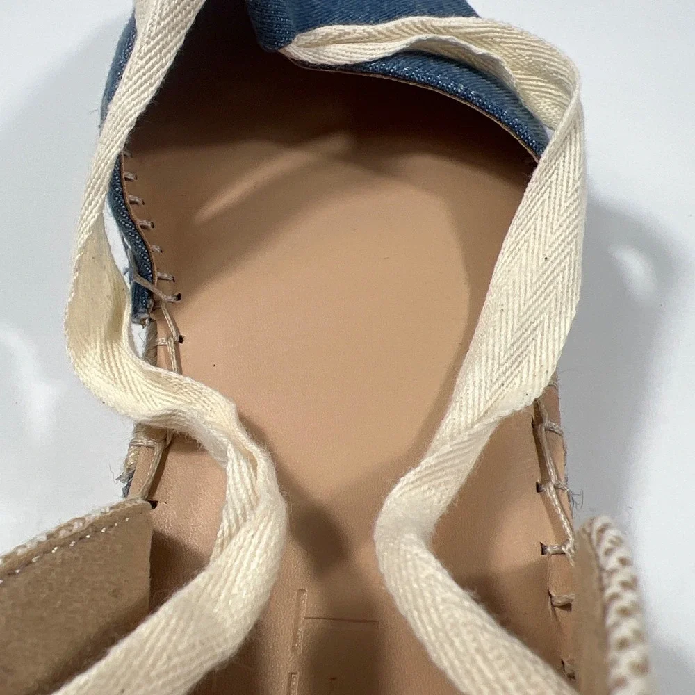 LOFT Denim Ankle Tie Espadrille Sandals Blue Tan Flat Summer Shoes Women 9M NWOT
